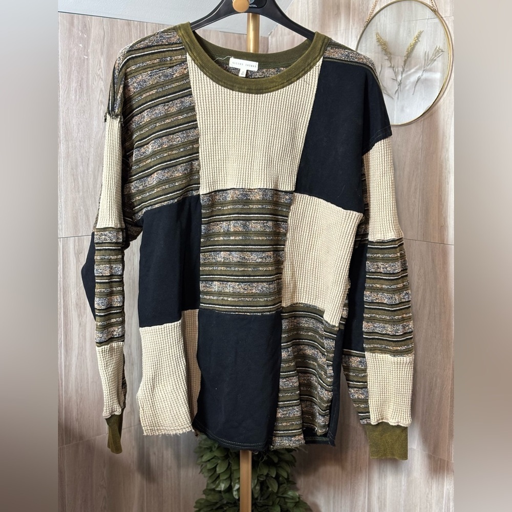 Gilded Intent Patchwork Crewneck Sweater - Navy Blue Black, Olive, Beige